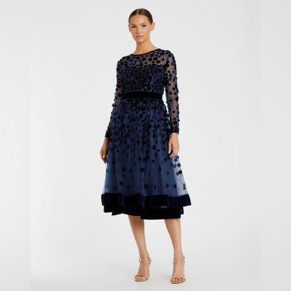 MAC DUGGAL Blue Embellished Illusion High Neck Long Sleeve Fit & Flare Dress 14 - Picture 1 of 9